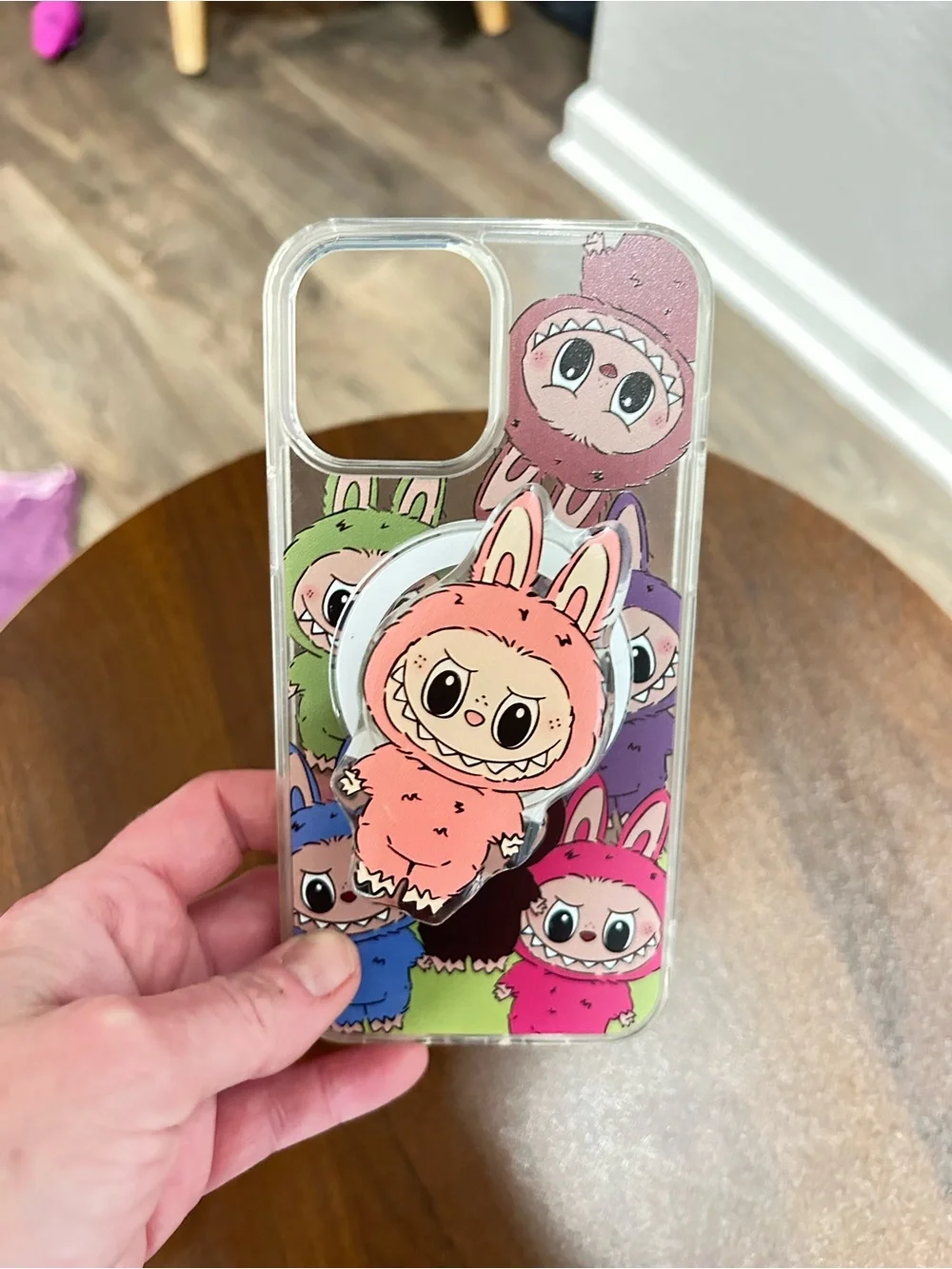 13,14,15 Plus LaBubu Pattern Clear Phone Case with Ring - Pink